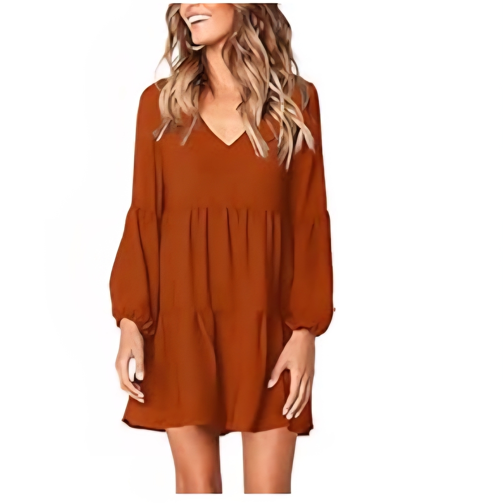 NWT Sherosa Women's Casual Long Sleeve Tunic Ruffle V Neck Swing Shift Dress